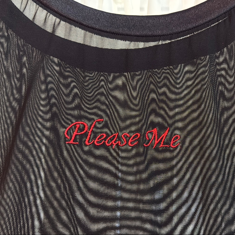 Black Off-Shoulder Mesh Sleep Top with Red Embroidery